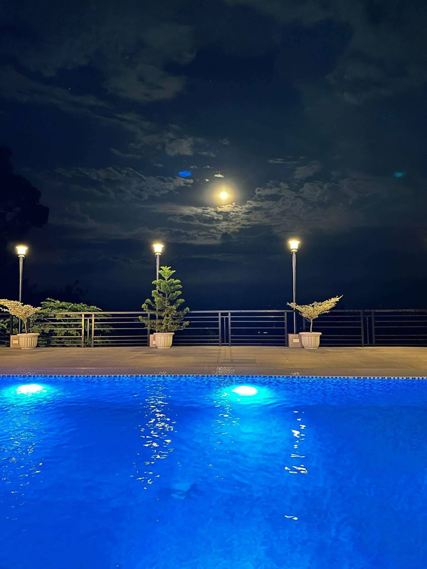 Pool at night lit up under the moon